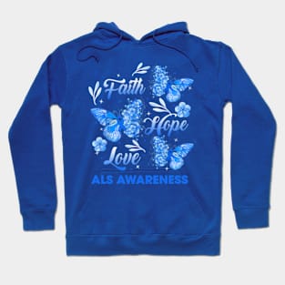 ALS Awareness Faith Hope Love Butterfly, Blue Ribbon Hoodie